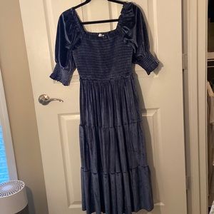 Baltic Born blue faux velvet smocked square neck midi dress, size S
